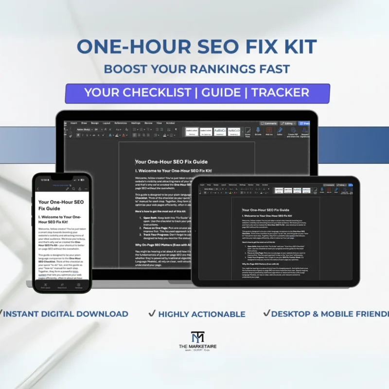 a macbook, an ipad and an iphone with One-Hour SEO Fix Kit