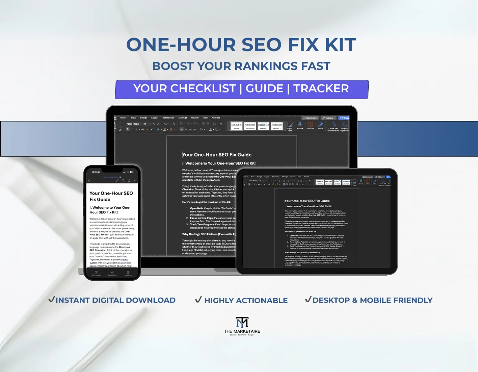 a macbook, an ipad and an iphone with One-Hour SEO Fix Kit