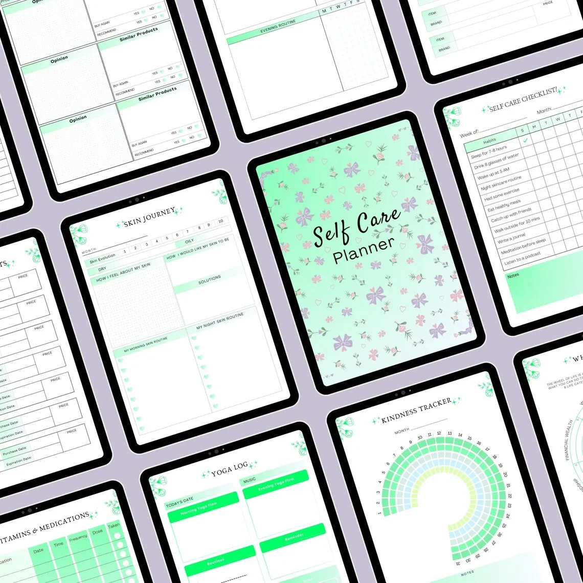 54-page printable self care planner with beauty and wellness trackers
