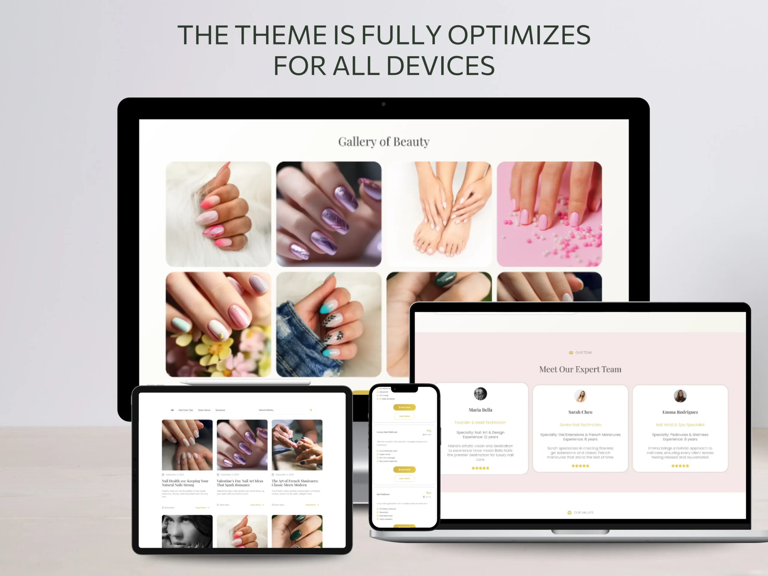 Blog grid plus team and values sections from the Nail Salon WordPress website template designed with Elementor.