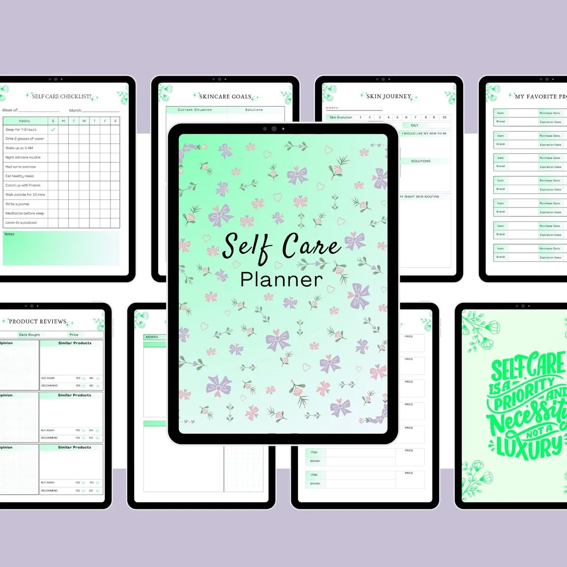 Self-care and wellness planner PDF including mood logs and affirmations pages