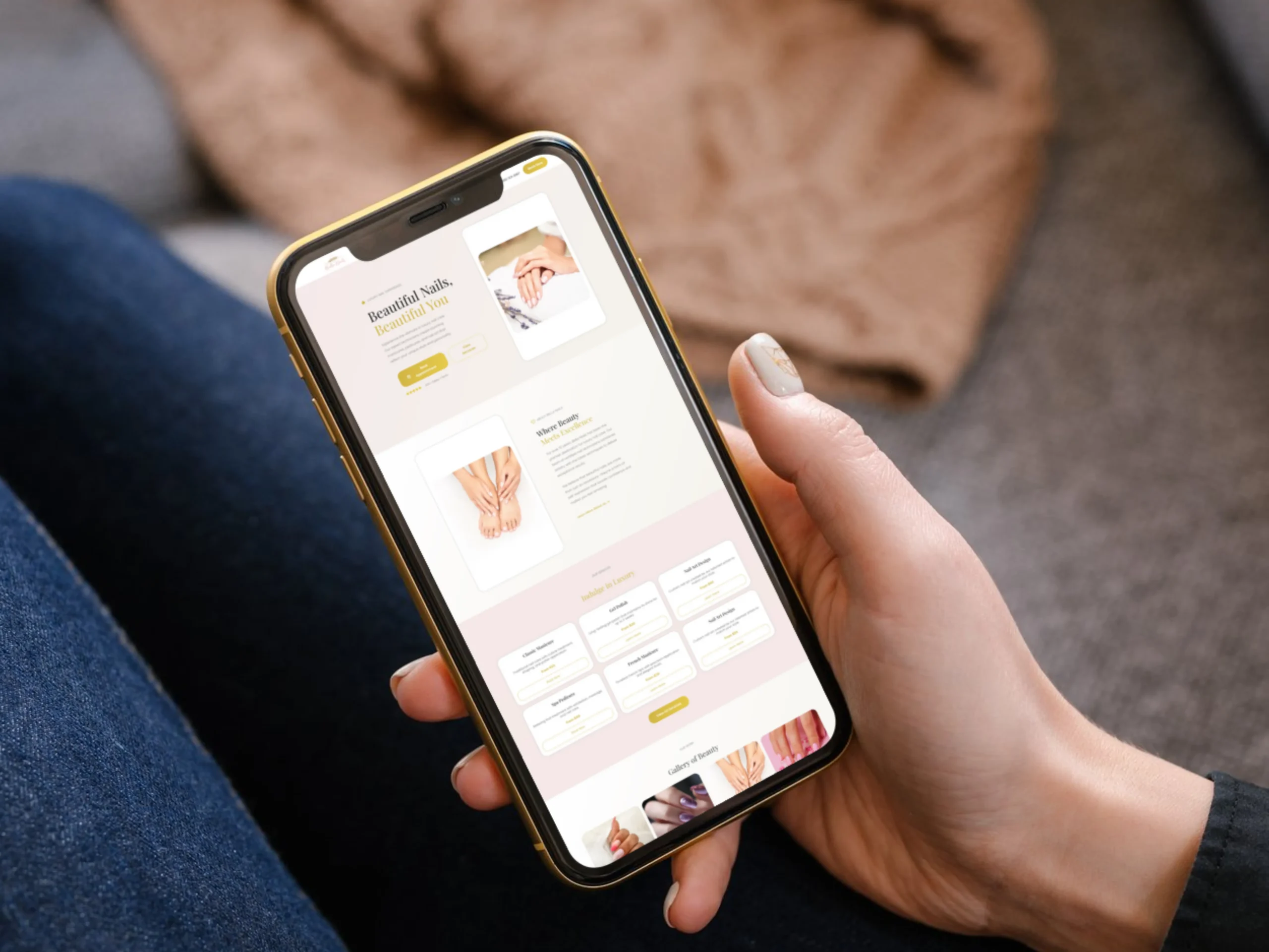 Smartphone view of the Nail Salon Elementor template featuring services section; mobile-friendly design.