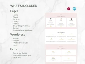 List of included pages, WordPress plugins, free photos, icons and Elementor guide for the Nail Salon website template.