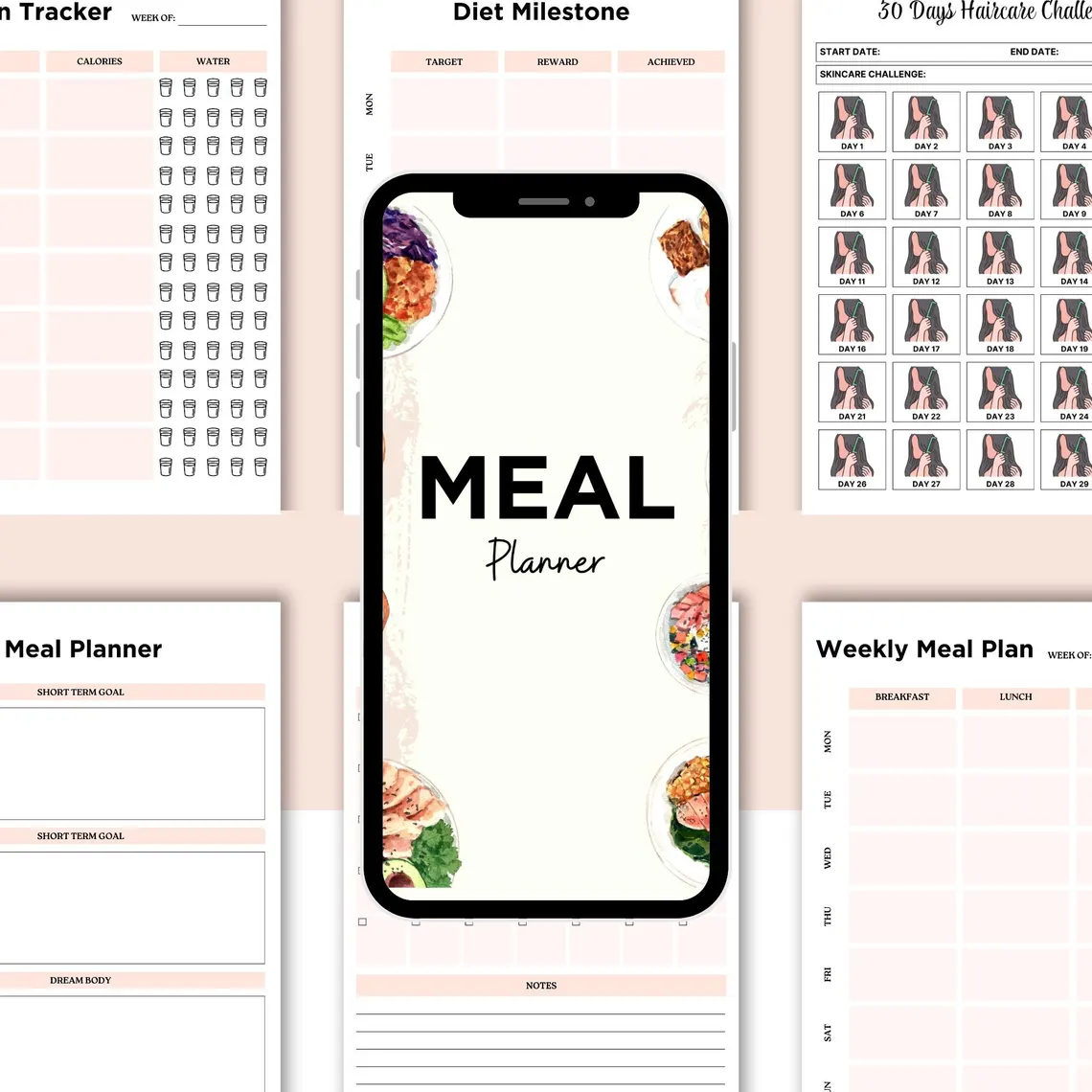 Printable meal planner with nutrition tracker and daily food log