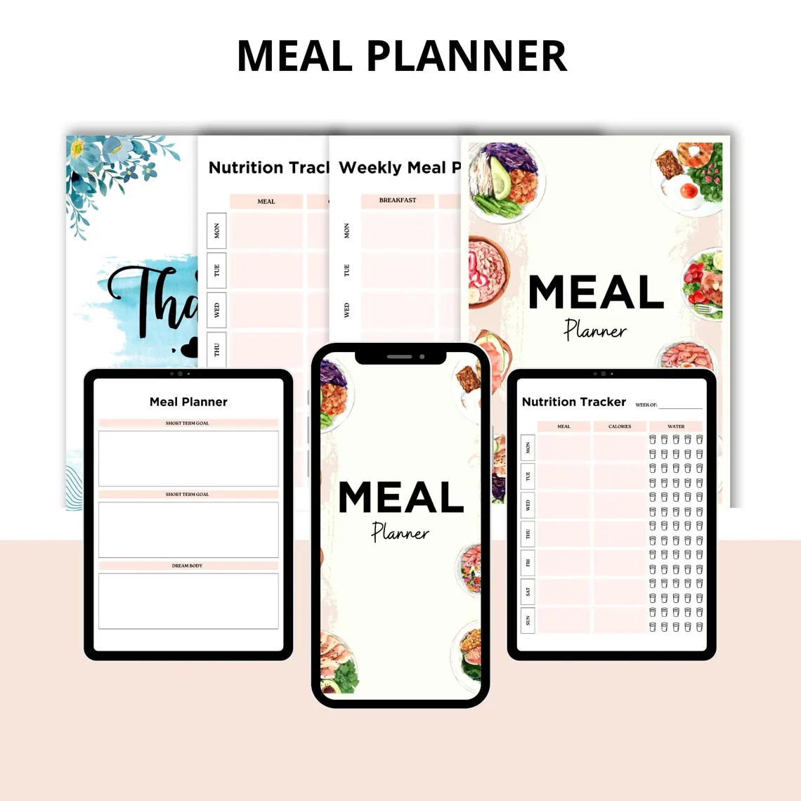 Self care and meal planner template PDF with weekly plan and notes pages