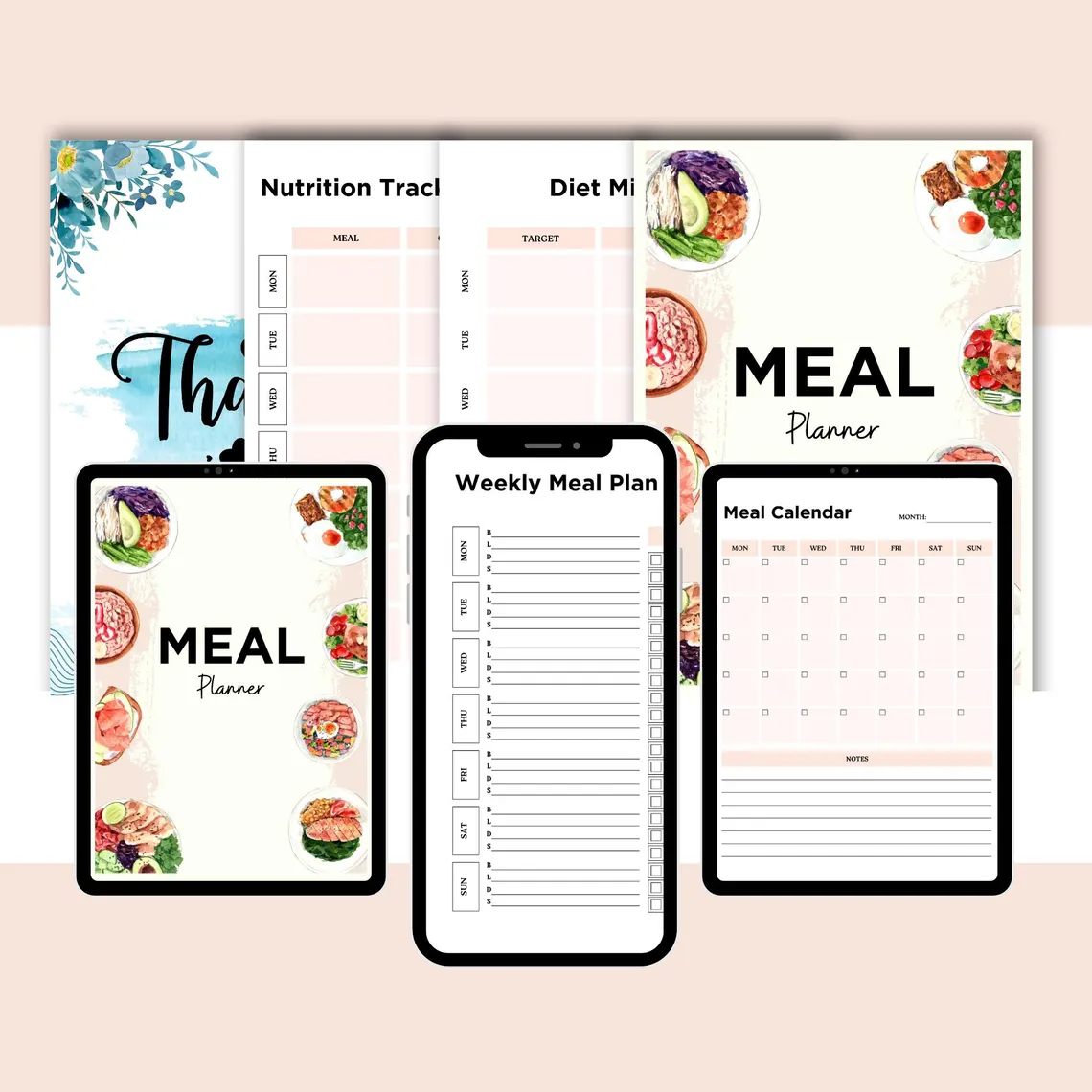 Weekly meal planner template PDF with grocery list and nutrition tracker