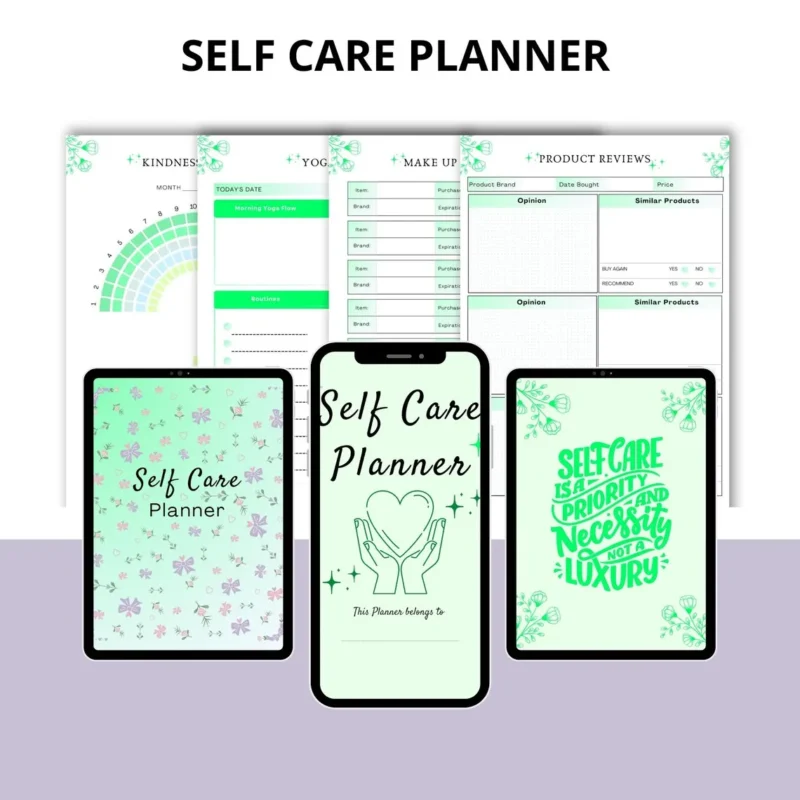 Self-Care Planner PDF showing mood tracker printable and wellness templates