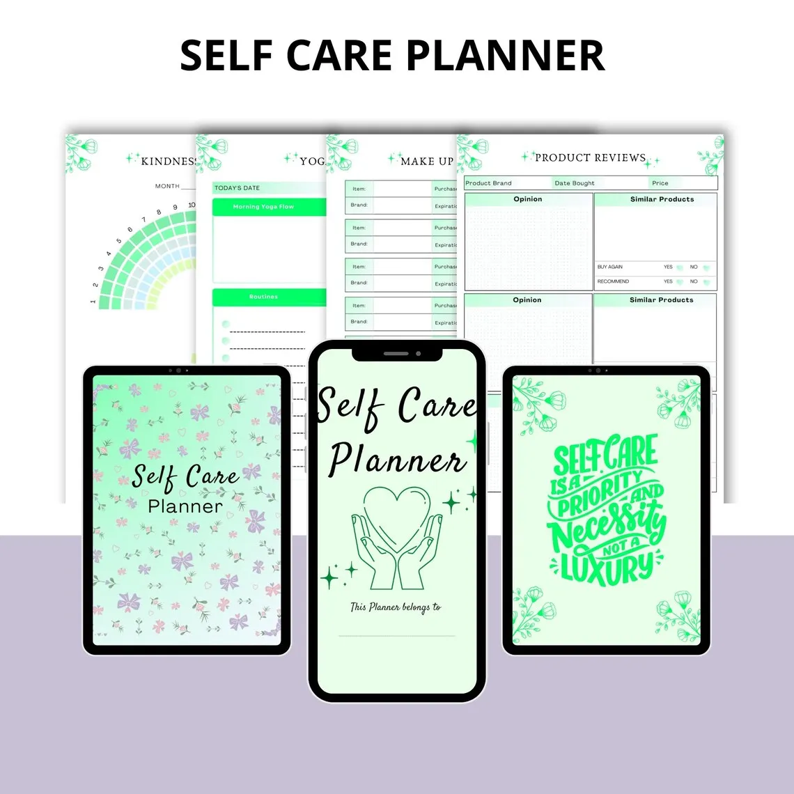 Self-Care Planner PDF showing mood tracker printable and wellness templates