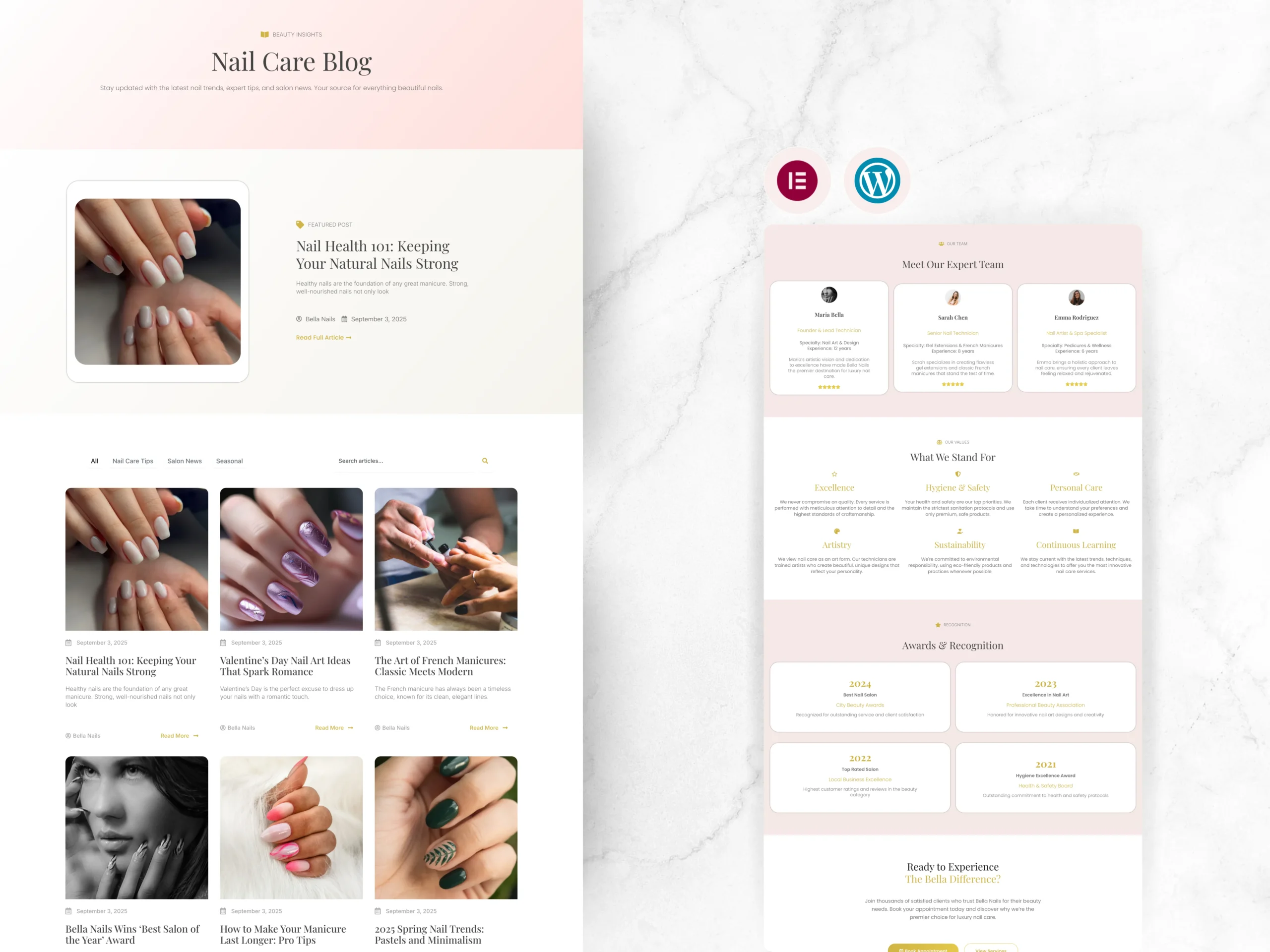 Homepage hero with call-to-action, services grid and gallery from the Nail Salon WordPress template built with Elementor.