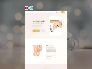 Responsive mockup of the Nail Salon WordPress template built with Elementor, shown on tablet and phone on marble background.