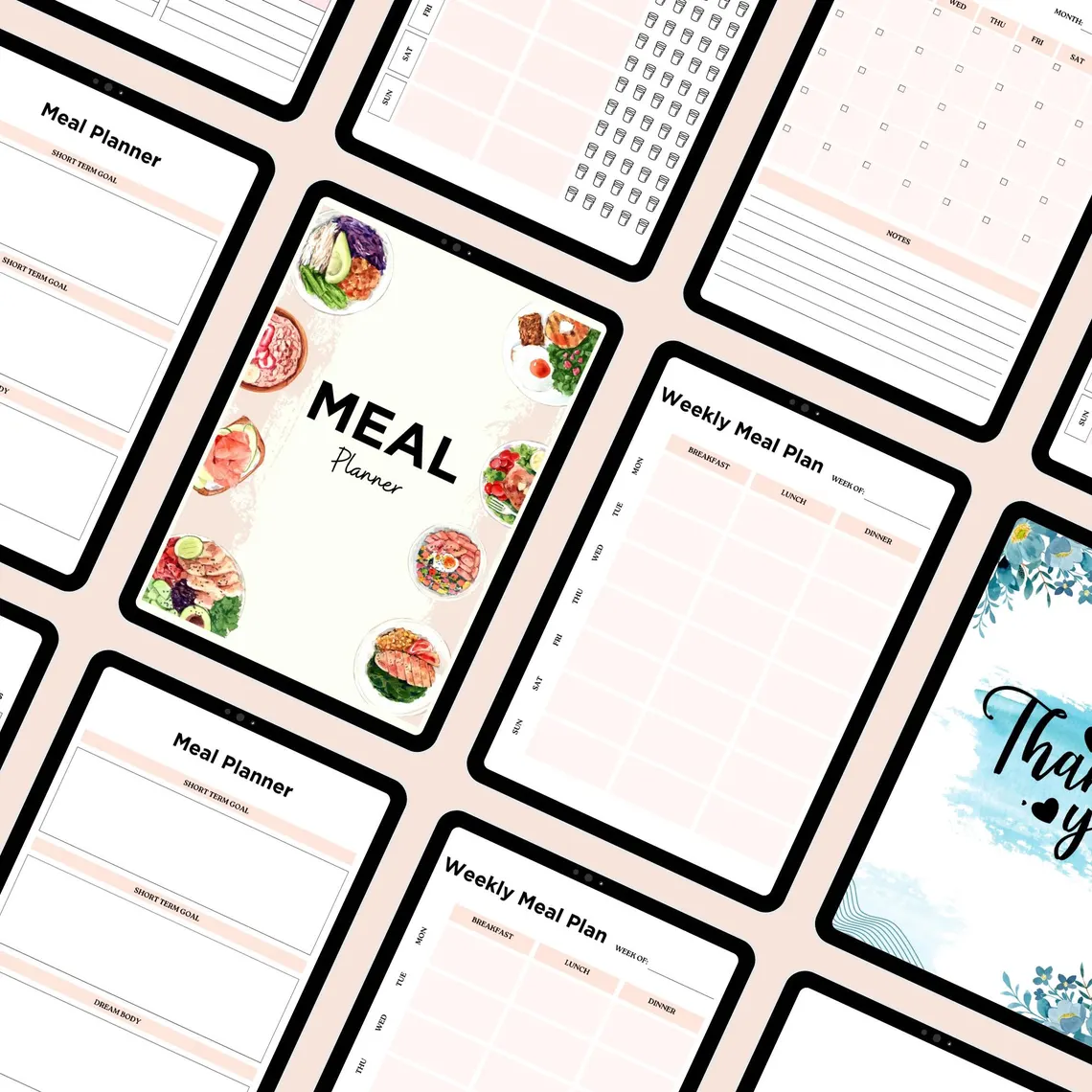 Printable weekly meal plan template with diet and nutrition tracking pages