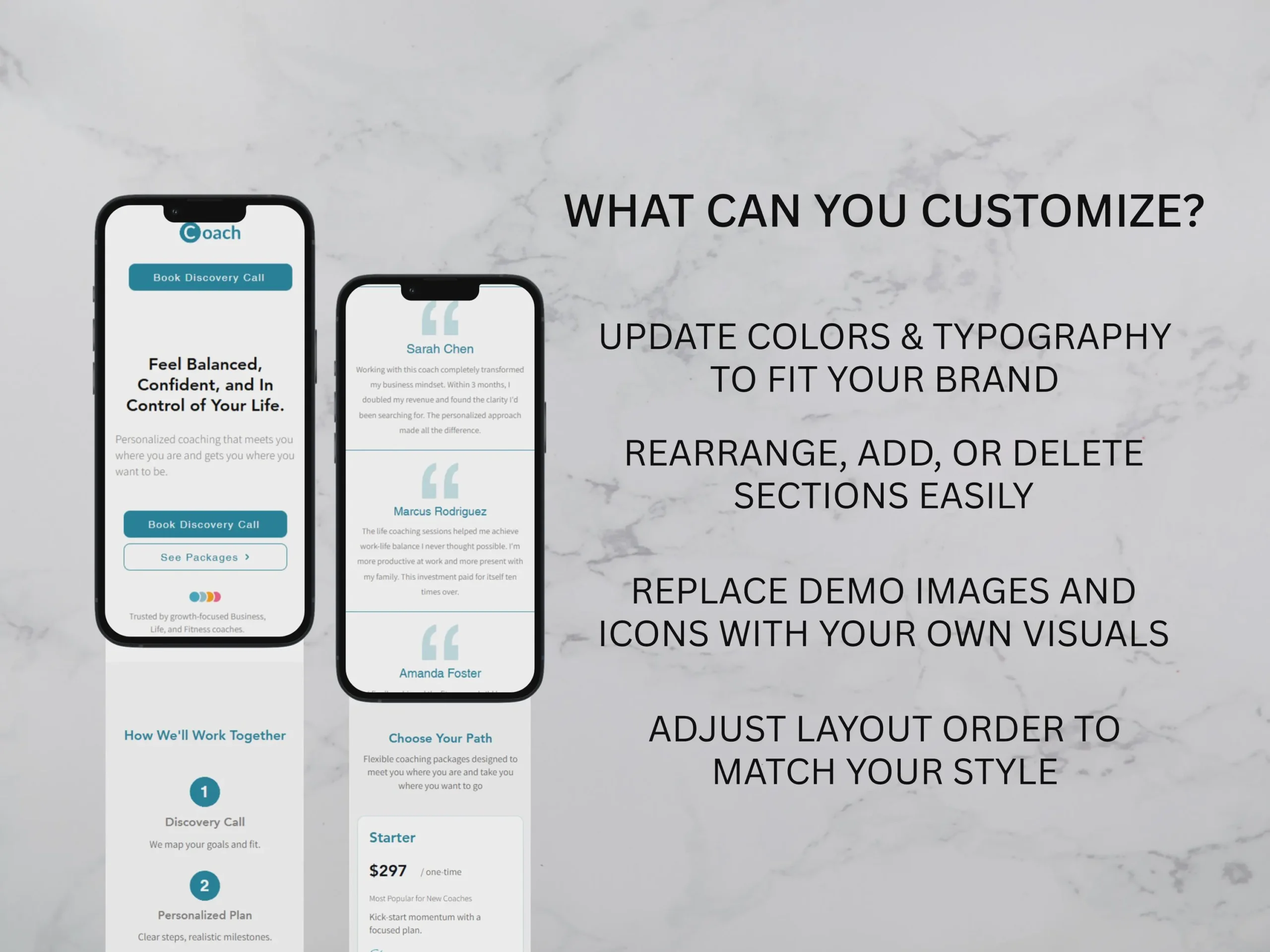 Screenshot showing customization options for Wix coaching template – change colors, typography, and layout easily.