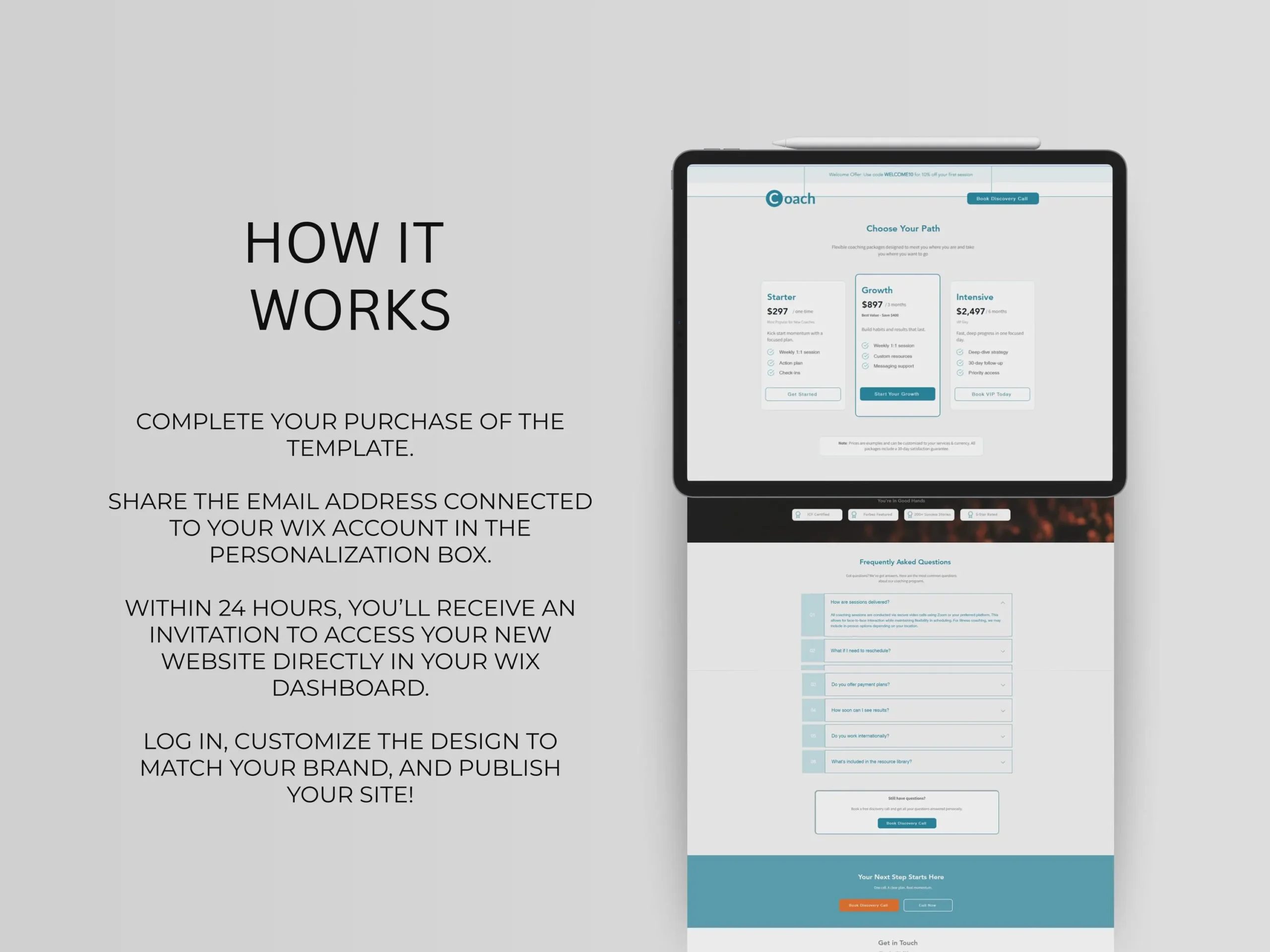 Instructions showing how to access and customize your Wix coaching template after purchase.