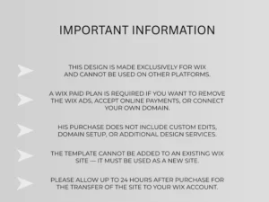 Details explaining that the template works only on Wix and requires a paid Wix plan to connect your domain or remove ads.