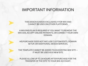 Important details about Wix template setup, license, and premium plan requirements.