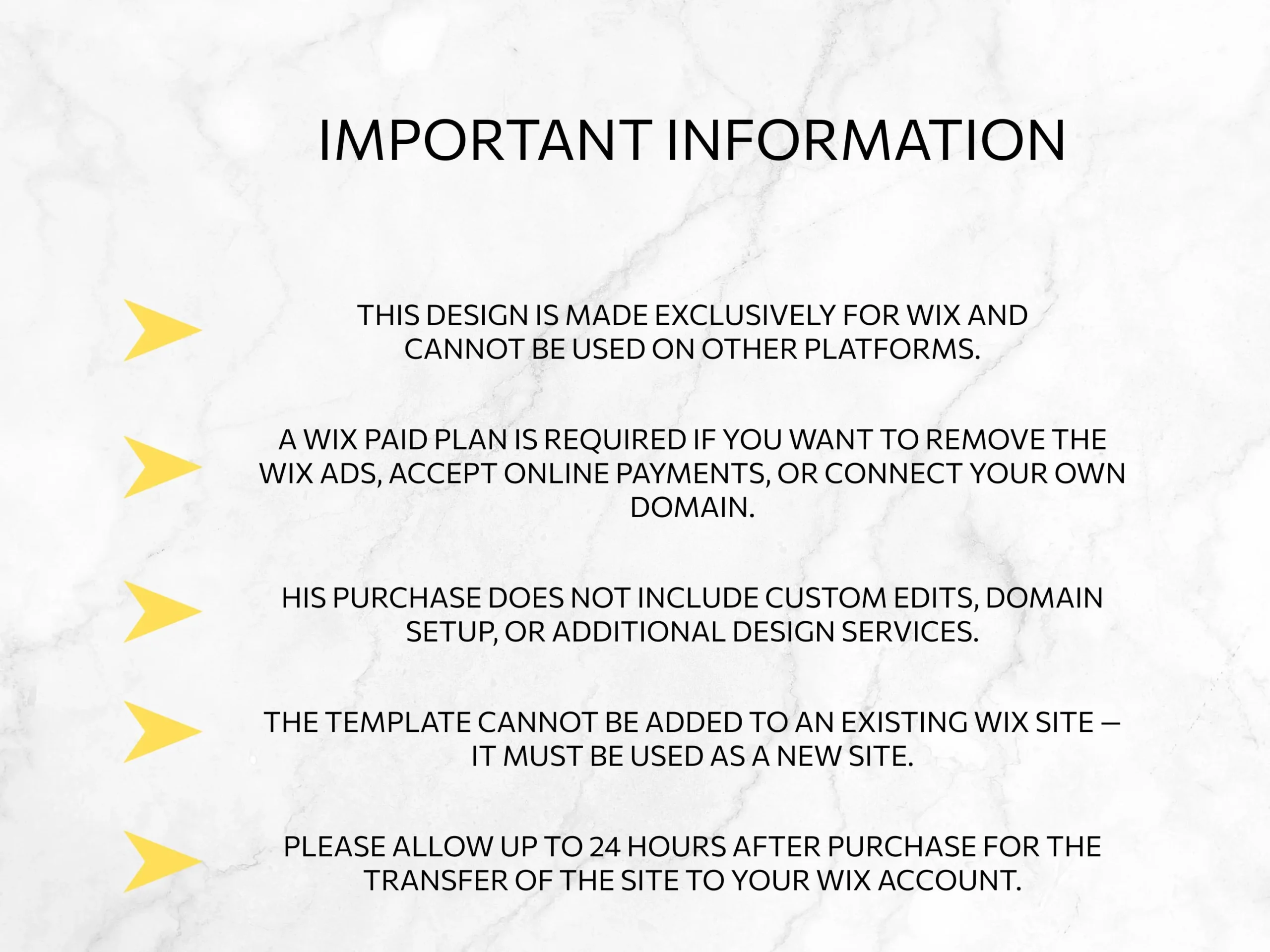 Important details about Wix template setup, license, and premium plan requirements.