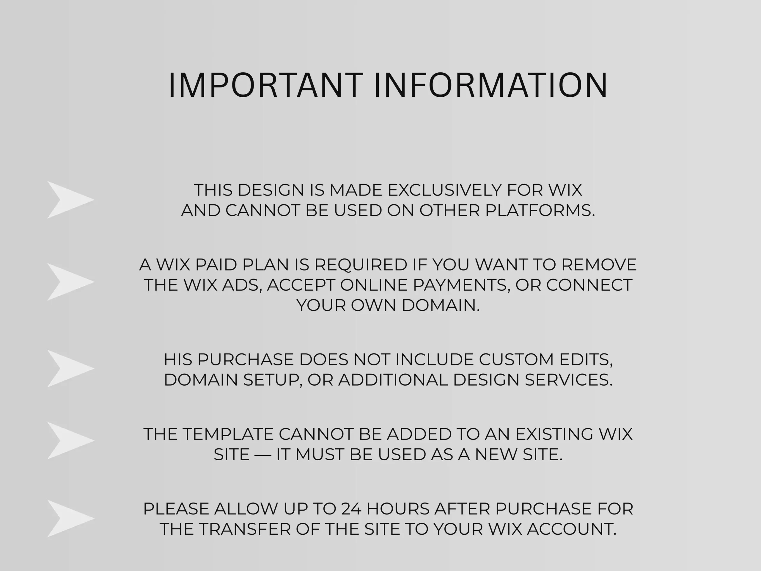 Details explaining that the template works only on Wix and requires a paid Wix plan to connect your domain or remove ads.