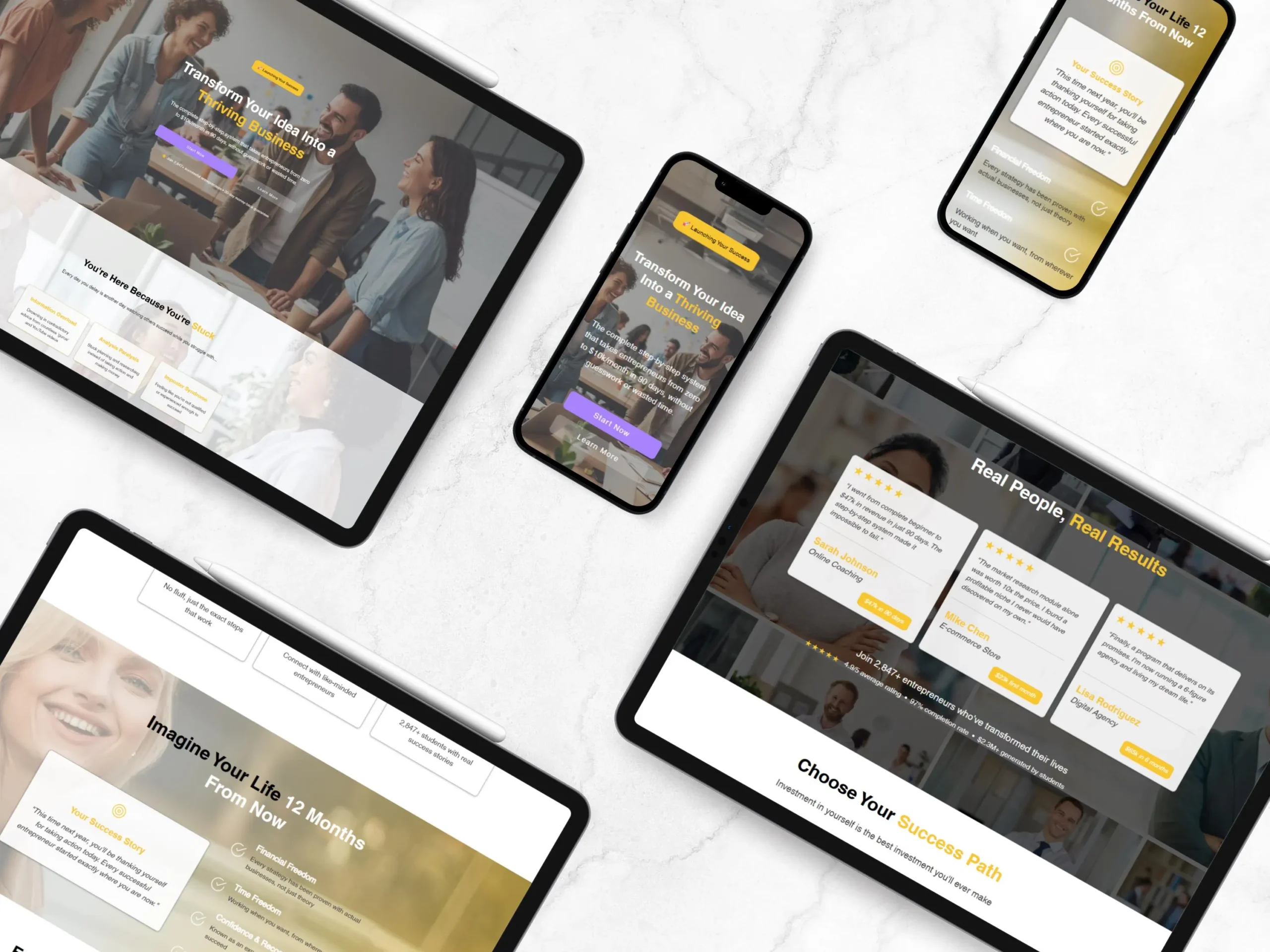 Responsive Wix sales page design for coaches and consultants displayed on mobile and tablet devices.
