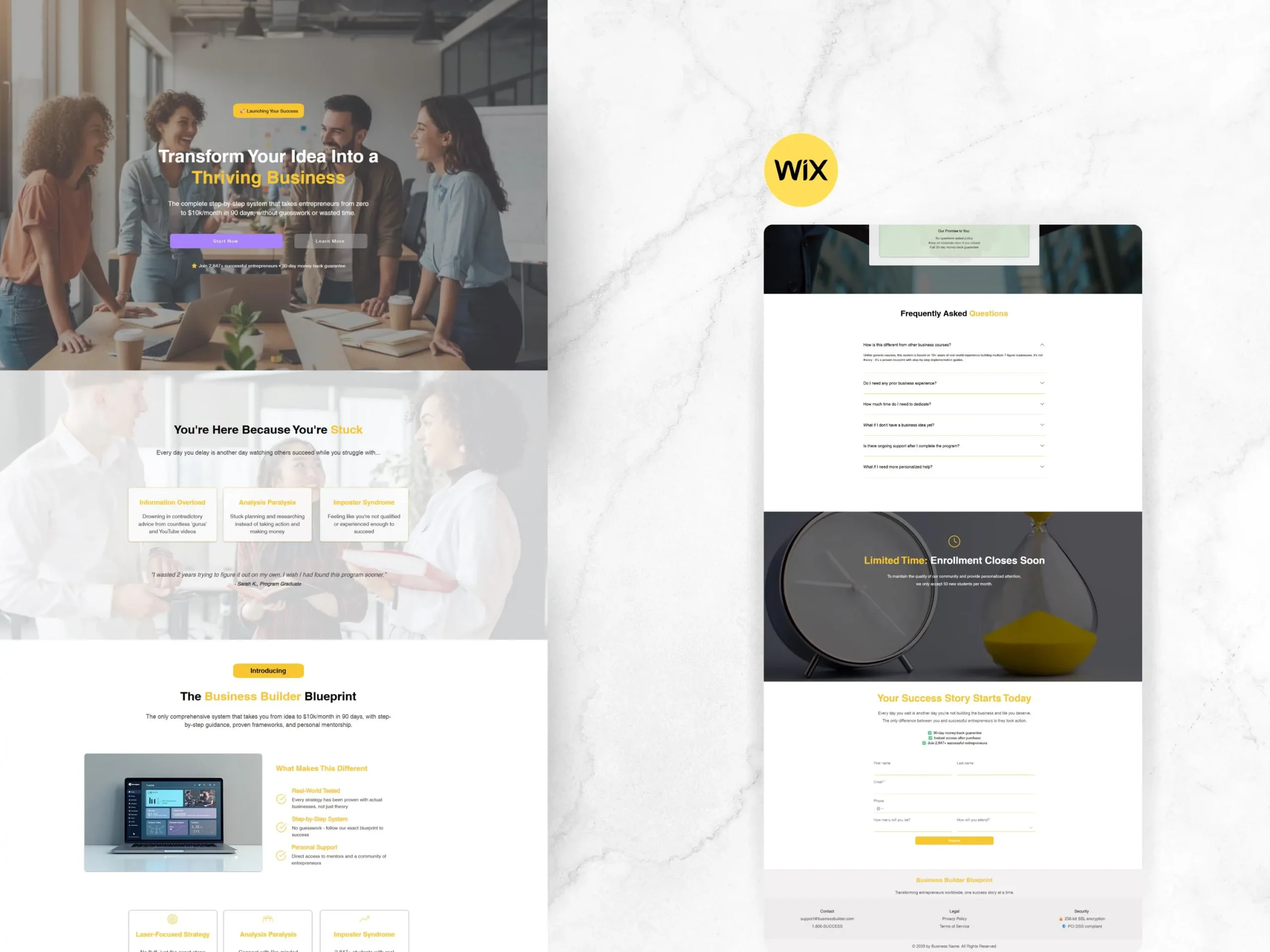 Full Wix sales page for business coaches including FAQ section and client success stories.