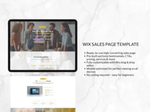 Features of Wix template for coaches including testimonials, pricing, CTA, and drag-and-drop customization.