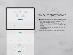 Overview of Wix template features: drag-and-drop editor, mobile optimization, testimonials, pricing, and CTA sections.
