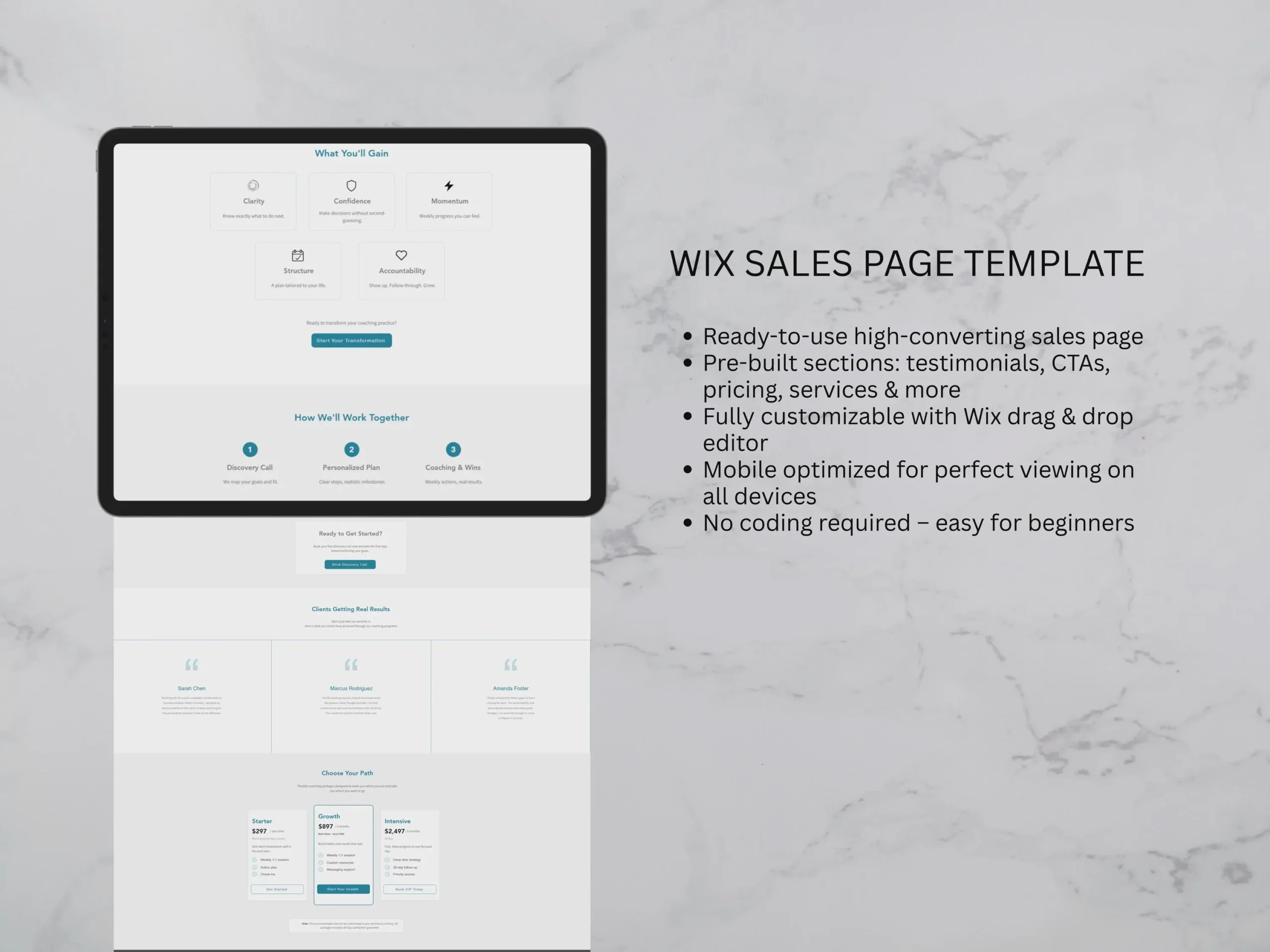 Overview of Wix template features: drag-and-drop editor, mobile optimization, testimonials, pricing, and CTA sections.