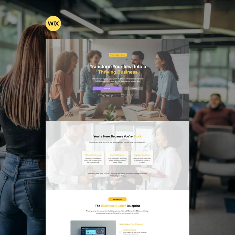 Wix business coach sales page with modern layout and yellow highlights designed for client conversion.